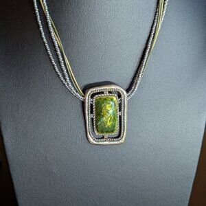 Chico’s Green & Silver Statement Pendant Necklace